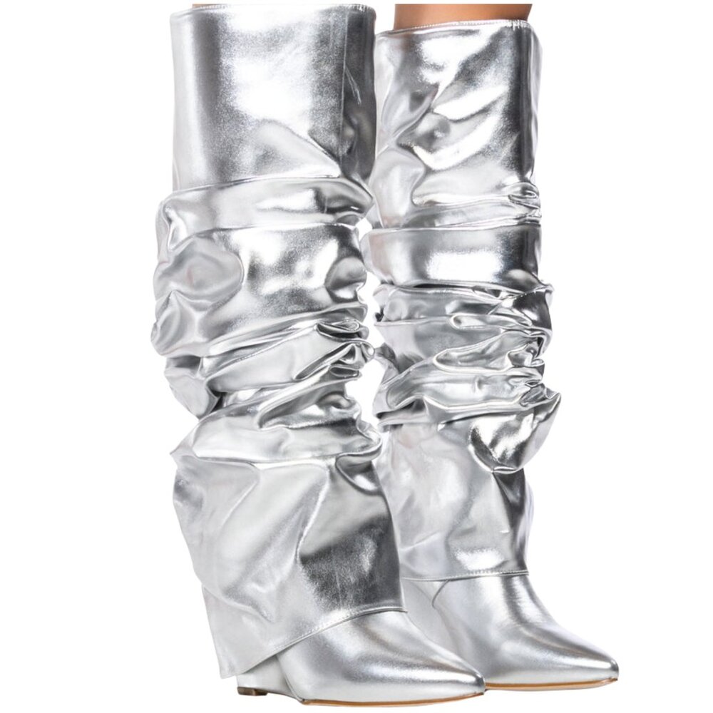 AZALEA WANG ZUMMA METALLIC RUCHED WEDGE BOOT IN SILVER - 7.5